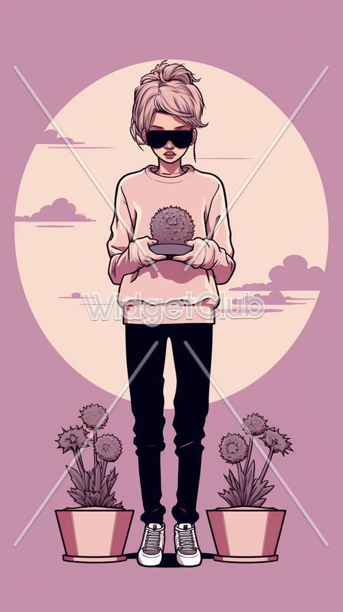 Stylish Purple Sunset Scene with Cool Boy Holding a Flower