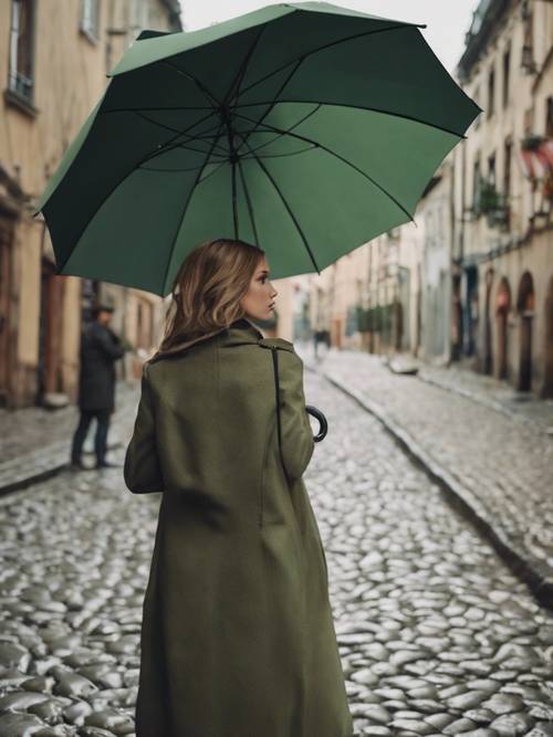 鹅卵石街道上，一名妇女撑着一把灰绿色的雨伞。