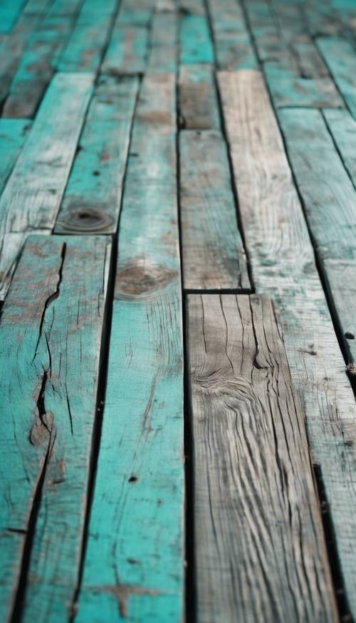 A textura de um piso de madeira cor de azul-petróleo, antigo e cheio de personalidade.