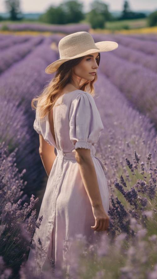 An elegantly dressed woman in light linen summer dress standing in a vibrant lavender field.