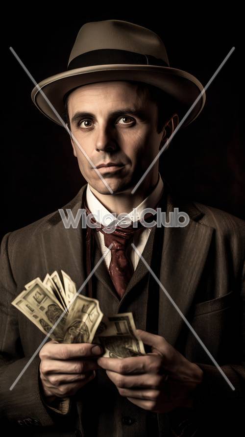 Mężczyzna w stroju vintage trzymający pieniądze