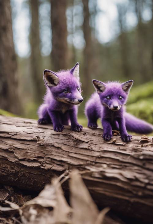 Two curious purple fox pups emerging out of a hollow log, their first exploration of the world Tapeta [ff70fcf512844737b18e]