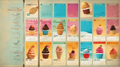 Halaman kalender bulan Agustus ditampilkan sebagai seni pop Retro, menampilkan pantai dan es krim.