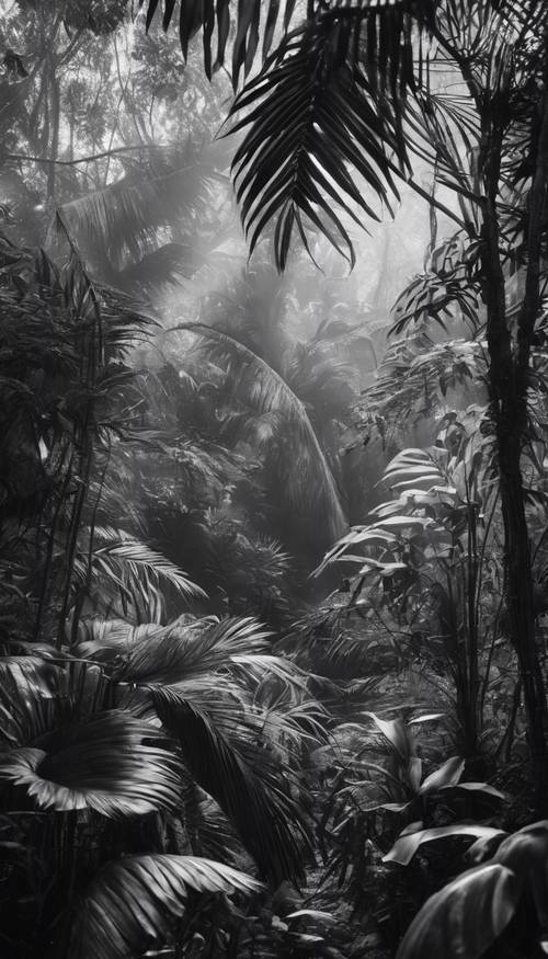 Czarno-białe zdjęcie dżungli o świcie, ze światłem subtelnie oświetlającym różnorodną florę.
