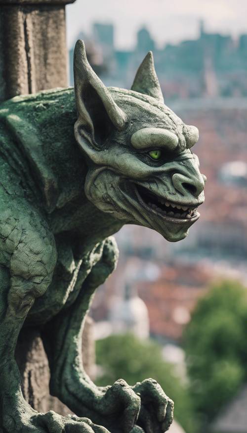 Un gargoyle dagli occhi verdi appollaiato su un arco gotico esposto alle intemperie, che domina una vivace città