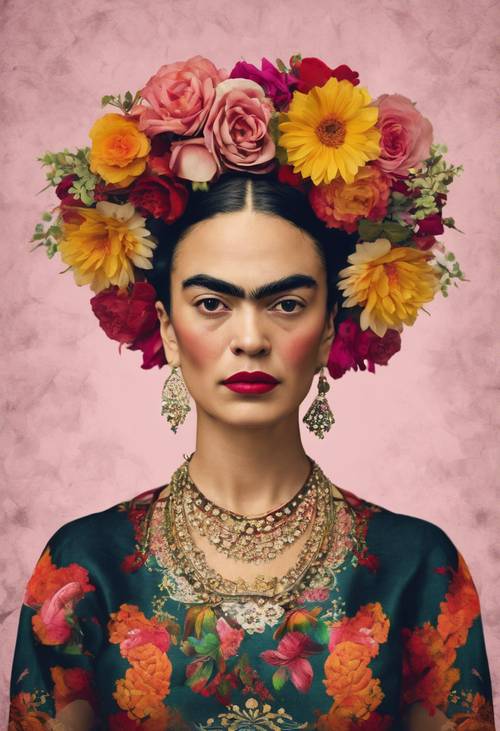 这是一幅受弗里达·卡罗 (Frida Kahlo) 启发的自画像，画中一位有着连眉的女士，头戴盛开的墨西哥花冠。 墙纸 [6a1bc7593f9a49ed8276]