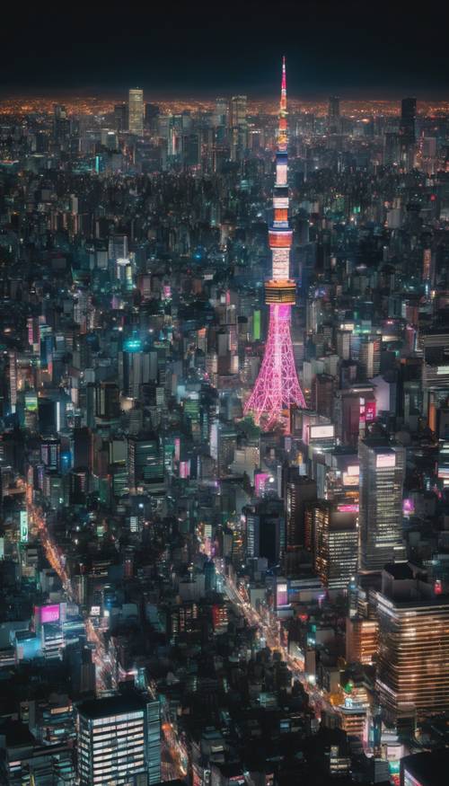נוף רחב ידיים של קו הרקיע של טוקיו בלילה, זוהר באורות ניאון המשקפים מגורדי שחקים מזכוכית.