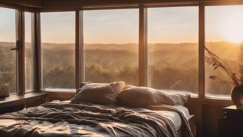 A peaceful bedroom with large windows overlooking a scenic sunrise, a motivational quote on the sun rays.