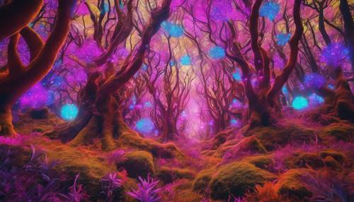 A trippy, psychedelic visionary of a fantastical forest with fluorescent trees.