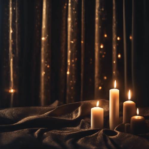 Black velvet curtains drawn aside to reveal an elegantly decorated room bathed in candlelight.