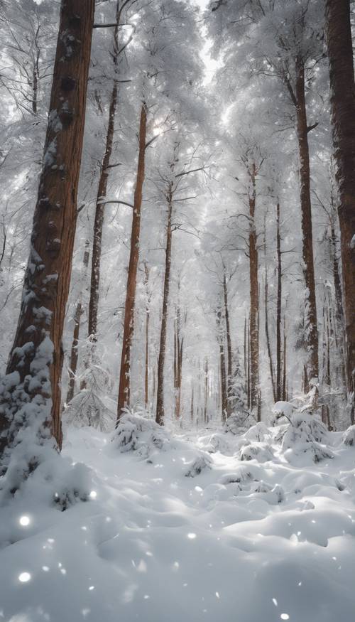 Une vieille forêt blanche avec une épaisse couche de neige fraîche