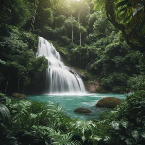 A roaring white waterfall in a lush green rainforest.
