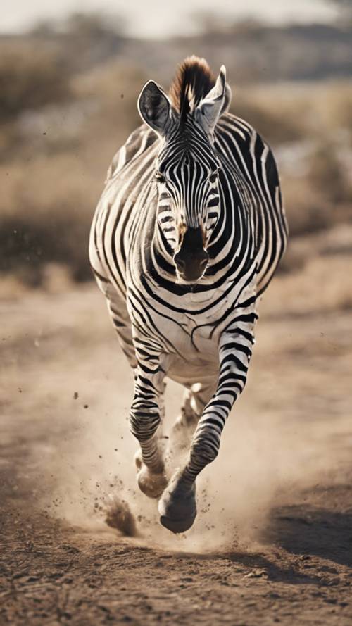 Uma zebra pega no meio do galope, com força e velocidade cruas e tangíveis.
