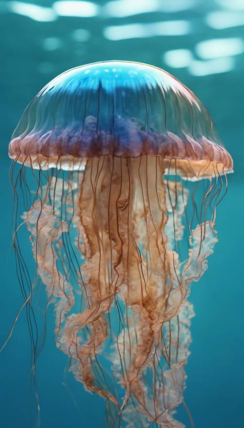 一只半透明的水母，色彩绚丽，在清澈湛蓝的海水中游动