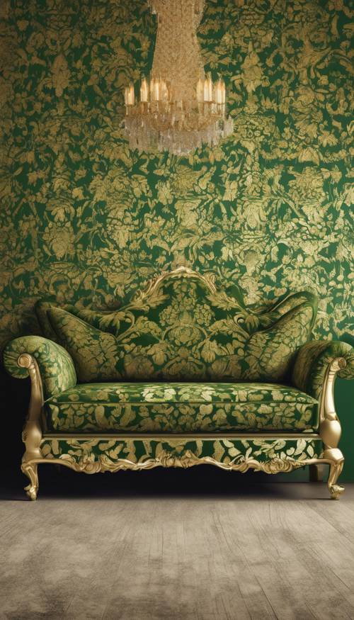 Un elegante divano damascato in contrasto con un elegante oro e verde, che mostra motivi elaborati.