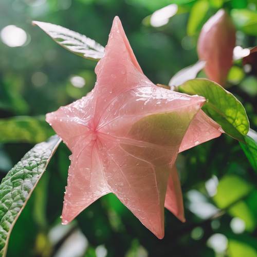 Uma carambola rosa translúcida situada entre folhas verdes, banhada pela luz da manhã.
