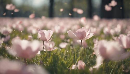 De doux pétales flottant au vent dans un parc paisible, capturés dans le style minimaliste du printemps.