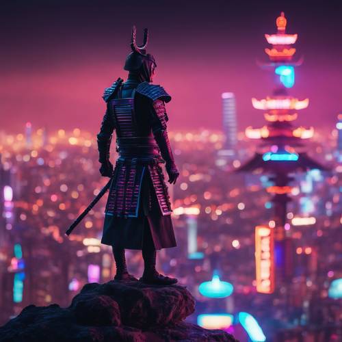 Samurai đứng trên đỉnh một ngôi chùa được thắp sáng bằng đèn neon, nhìn ra thành phố tương lai.