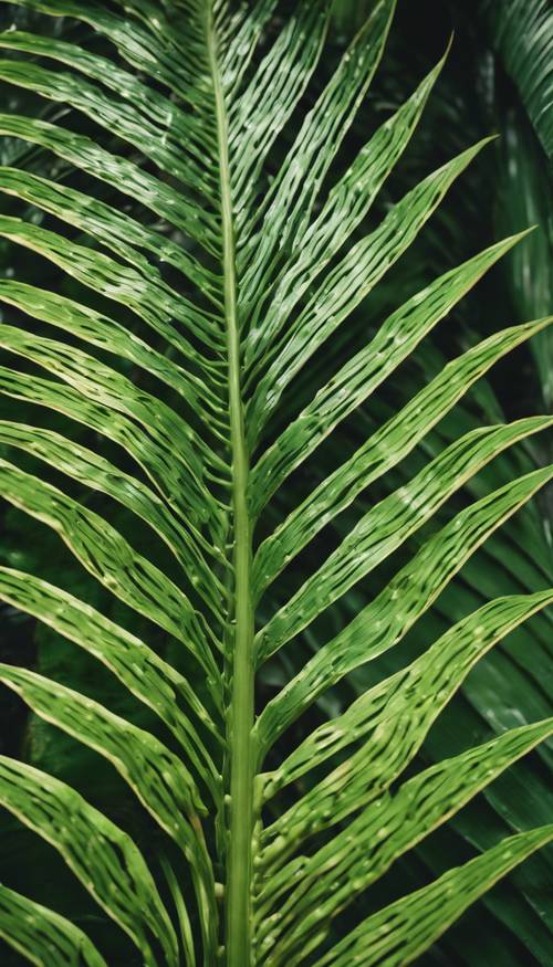 Um close detalhado de uma folha de palmeira verde vibrante no meio de uma floresta tropical.
