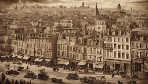 A sepia tone vintage mural of a bustling cityscape from the 19th century.