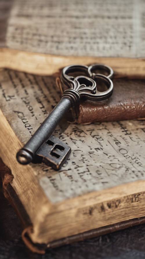 Una chiave grigia arrugginita antica che si trova sopra un vecchio libro rilegato in pelle.