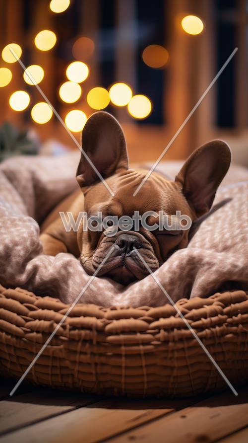 可愛的法國鬥牛犬睡在舒適的床上