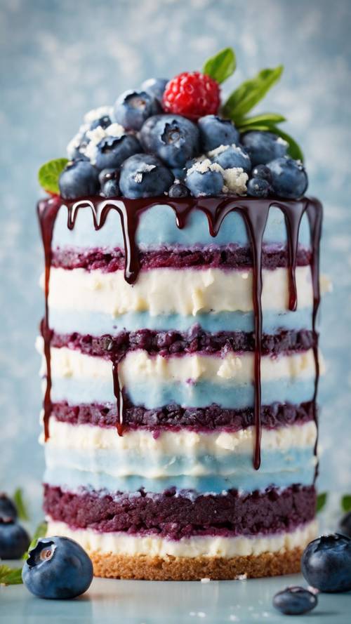 A delicious, spongy blueberry cake with blue and white striped icing.