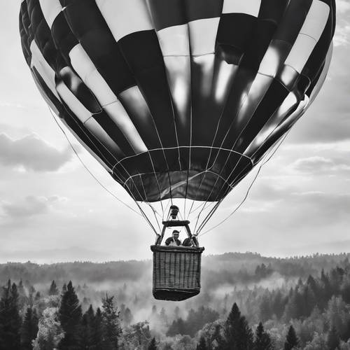 An adventurous black and white checkered hot air balloon flying over a verdant forest.