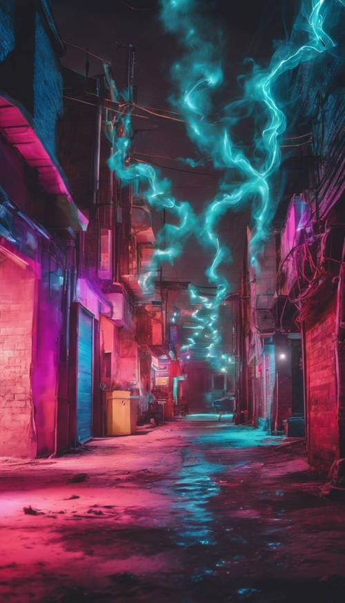 一条荒凉的小巷，烟雾缭绕，霓虹闪烁。
