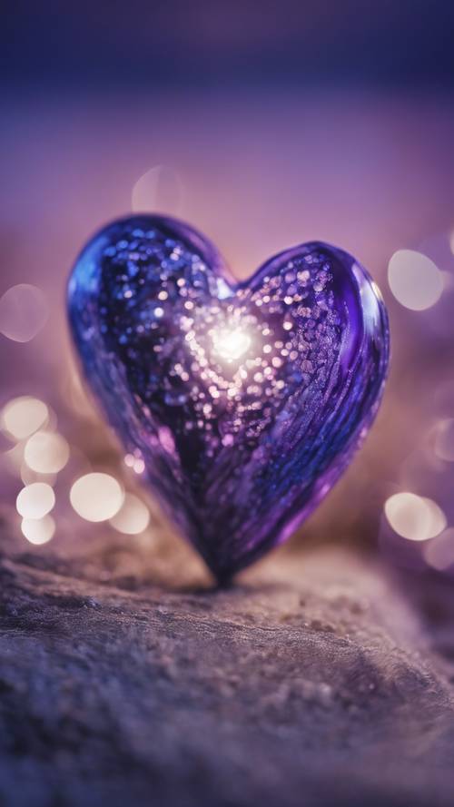 Một trái tim được chạm khắc tinh xảo lấp lánh dưới ánh trăng với các sắc thái xanh lam, tím và trắng hòa quyện theo kiểu chuyển màu.
