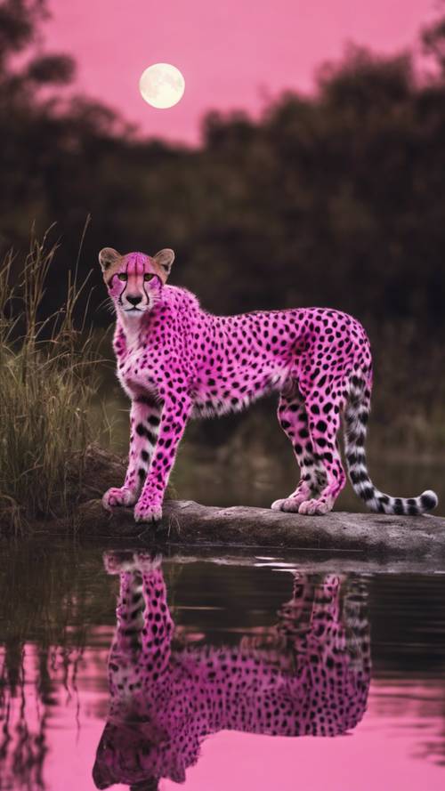 Różowy gepard popija wodę z błyszczącego stawu w blasku pełni księżyca.