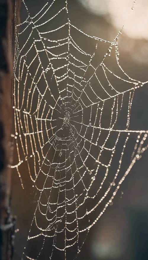 Pająk tka skomplikowaną, pokrytą rosą sieć w kącie zakurzonego okna na poddaszu.