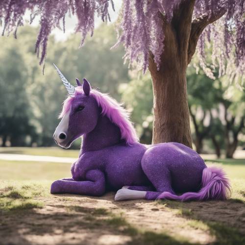 Seekor unicorn ungu berbulu sedang tidur siang di bawah naungan pohon.