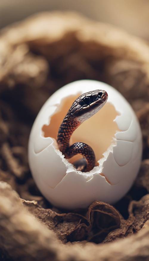 A heart-patterned cute baby snake hatching from an egg.