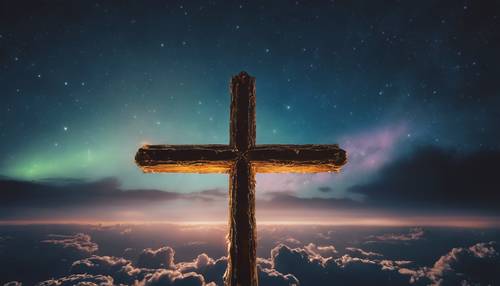 Uma cruz cristã brilhante brilhando sob o céu noturno vívido.