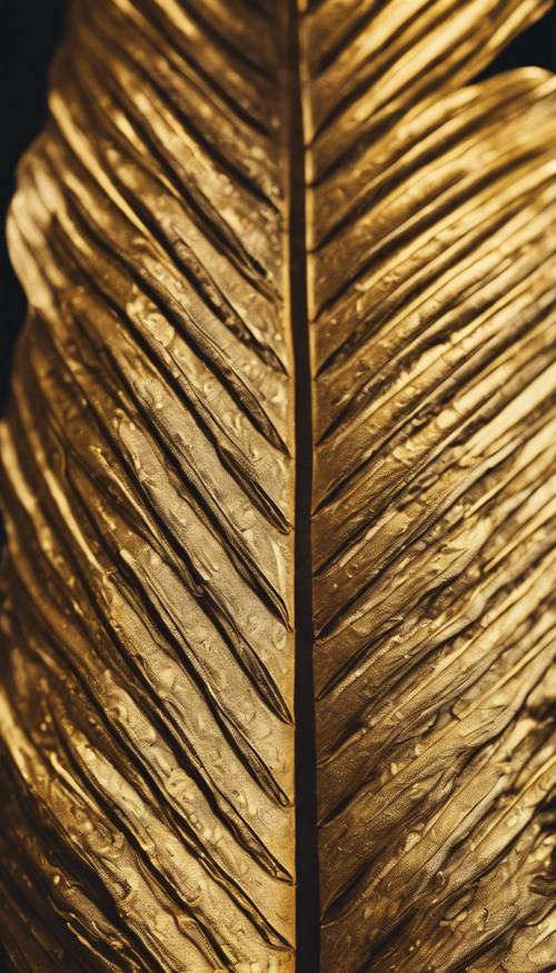 Um close extremo dos padrões e texturas intrincados em uma folha de palmeira dourada.