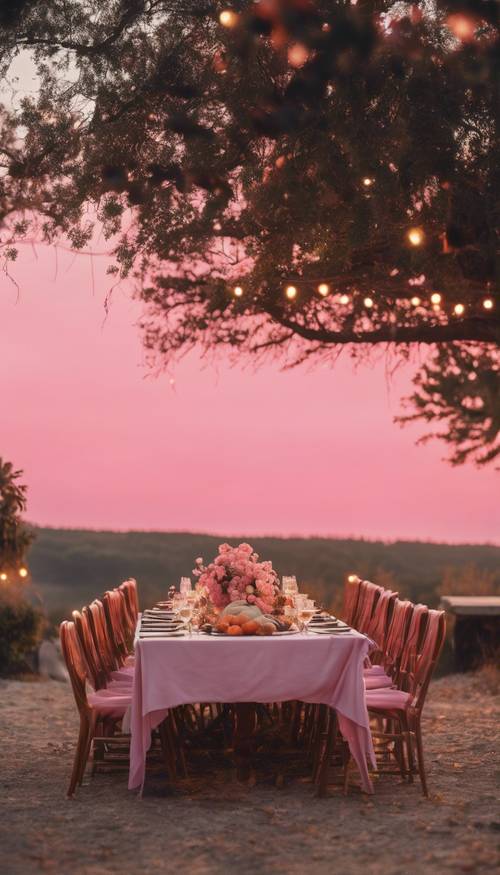 Un atardecer rosado como telón de fondo para una tranquila cena al aire libre de Acción de Gracias.