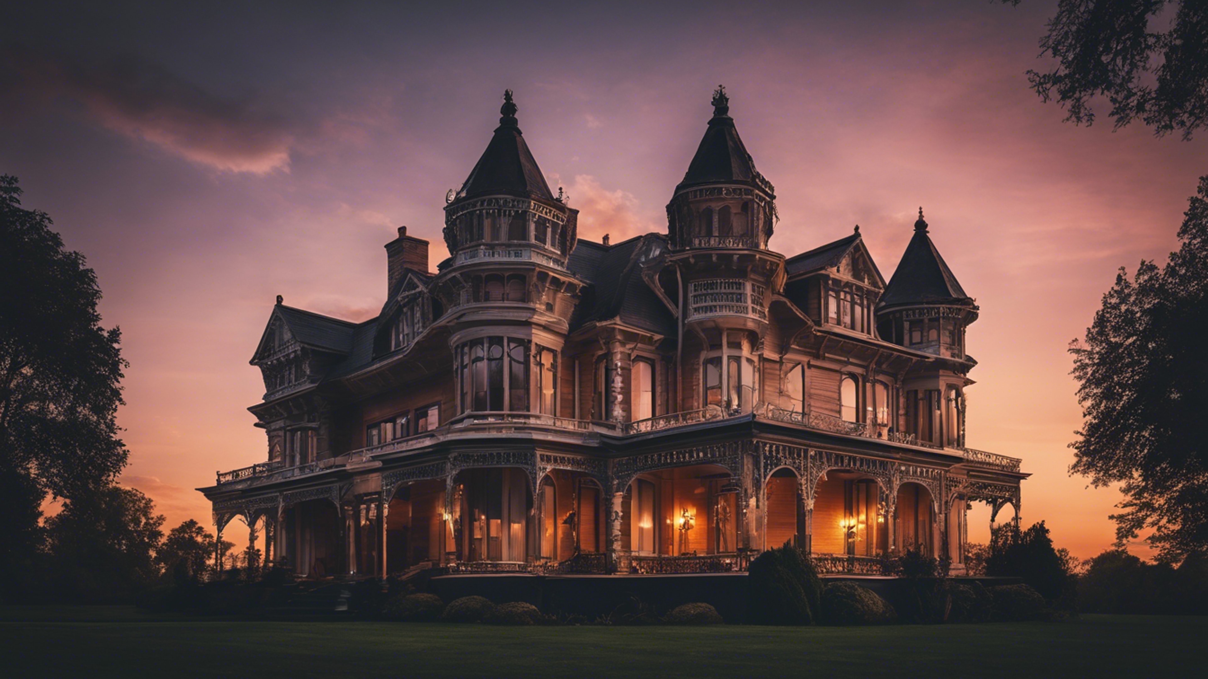 A grand Victorian mansion silhouetted by the warm lights of a beautiful sunset. Wallpaper[2ec34a3400fd4335b2a3]