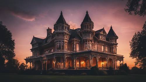 A grand Victorian mansion silhouetted by the warm lights of a beautiful sunset.