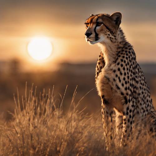 Una silhouette di un ghepardo contro il sole al tramonto.