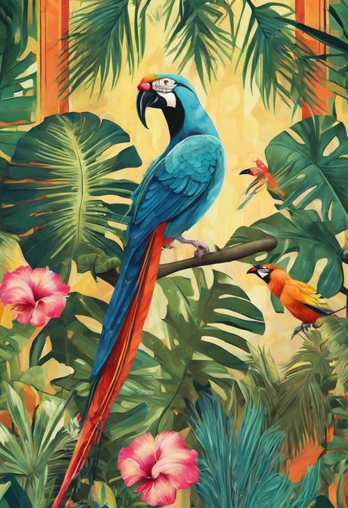 Une peinture murale Art déco présentant des plantes tropicales et des oiseaux exotiques dans des tons lumineux et vibrants.