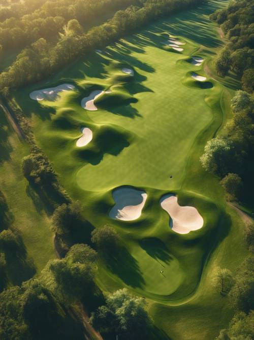 Luftaufnahme eines weitläufigen Golfplatzes im Sonnenlicht, leuchtendes Grün in allen Schattierungen.