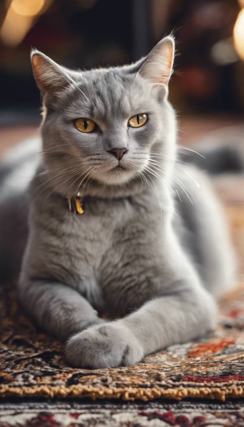 금색 눈을 가진 은색 금속 고양이가 양탄자 위에 앉아 있습니다.