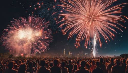 Uma vibrante queima de fogos de artifício no 4 de julho iluminando o céu noturno com uma multidão assistindo com admiração.
