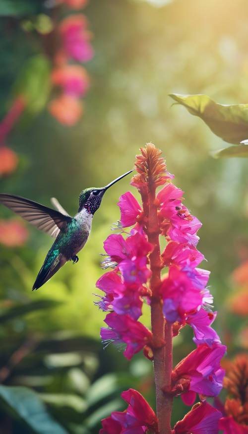 Um beija-flor tímido bebendo néctar de uma flor tropical vívida em uma floresta tropical.