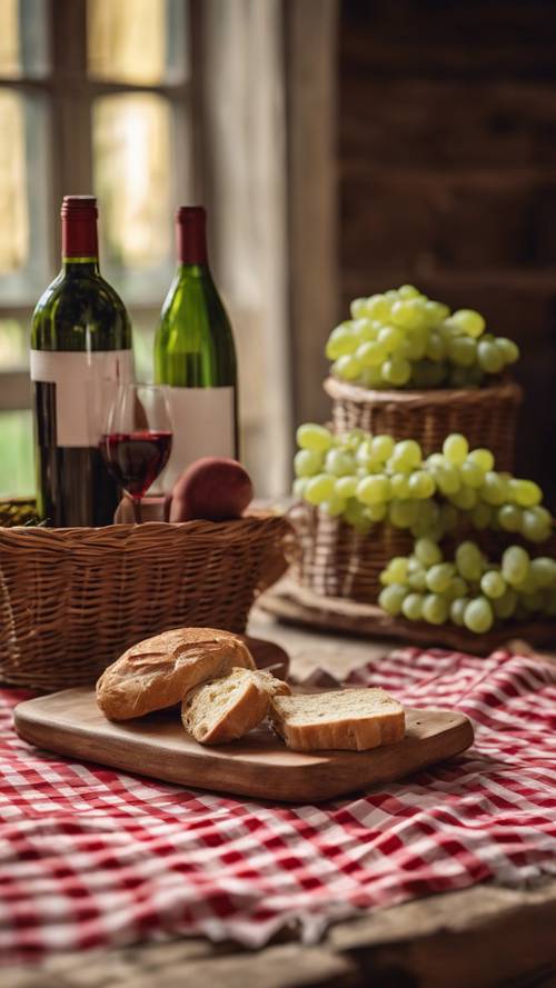 A red and white checkered tablecloth on a rustic wooden table, complete with a green wine bottle and a basket of fresh bread loaves.