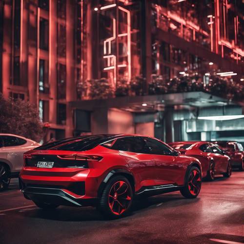 Красный электромобиль заряжается в современном городском пейзаже ночью.