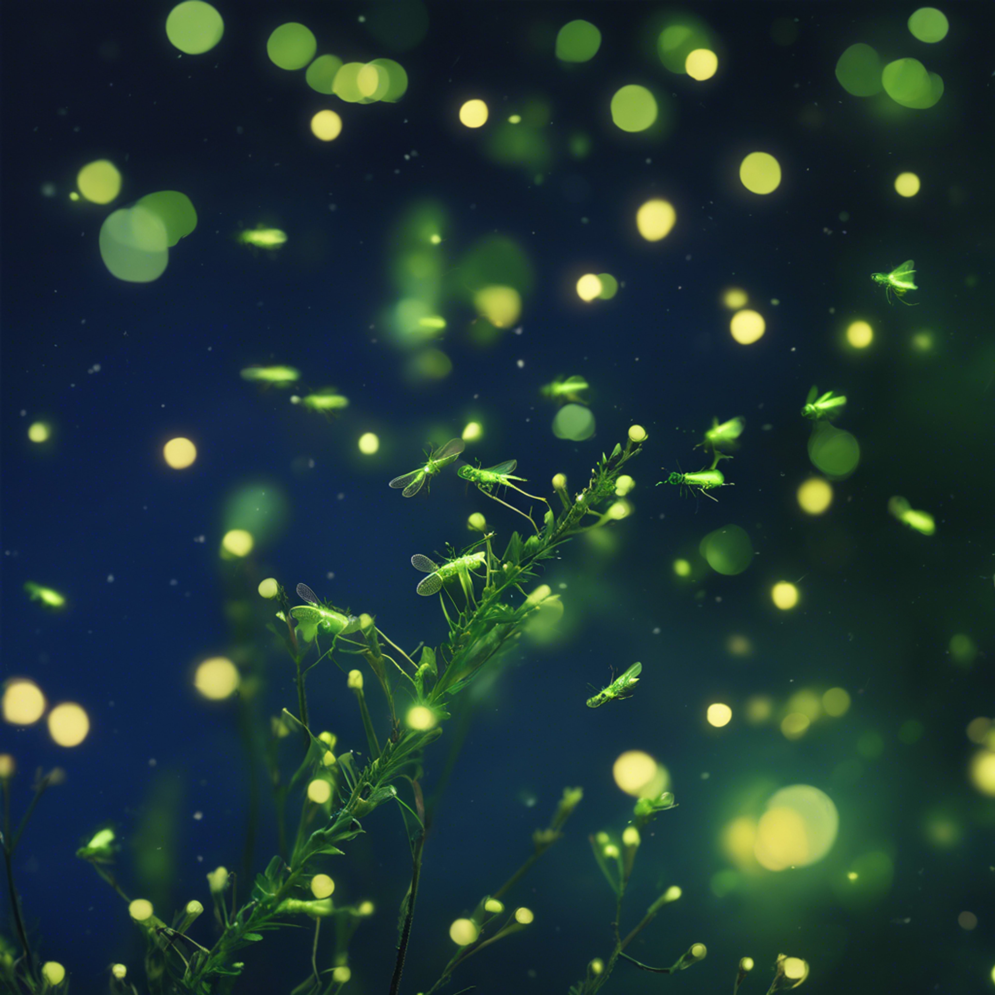A myriad of emerald green fireflies flickering against a deep twilight blue sky. Tapeta[603476c68fd84f259627]