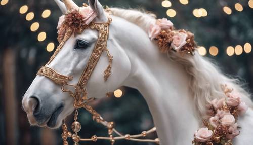 Un bellissimo cavallo bianco con corno color oro rosa e campanellini, un unicorno natalizio.