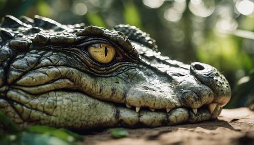 Szczegółowe zbliżenie oka krokodyla odbijającego otaczającą go dżunglę.